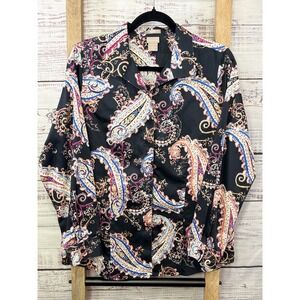 Chico's No Iron Cotton Paisley Button Down Shirt Black‎ Size Medium